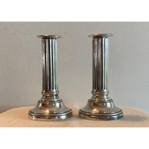 Pair Of Candlesticks Or Table Ends In Chiseled Silver Bronze XVIII