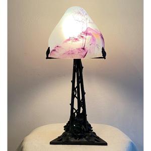 Art Deco Wrought Iron Lamp And Painted Glass Dome Twentieth Century