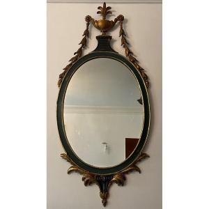 Large Oval Ice Mirror In Painted And Gilded Wood Directoire XIX