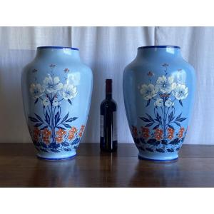 Large Pair Of Limoges Porcelain Vases Decorated With Flowers 20th Century