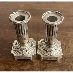 Pair Of Candlesticks Or Table Ends In Chiseled Silver Bronze XVIII