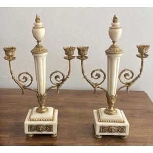 Pair Of Louis XVI Style Candelabra Or Candlesticks In Bronze And Marble 19th Century