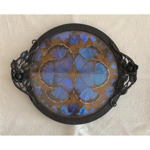 Art Nouveau Tray Or Centerpiece Wrought Iron And Butterfly Wings 20th Century