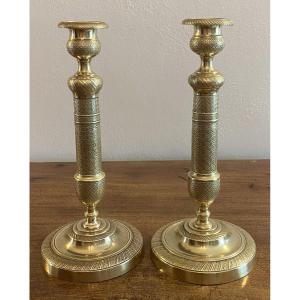 Paire De Bougeoirs En Bronze d'époque Charles X Doré et Ciselés XIX ème