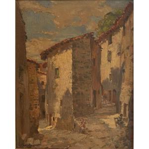 Leon Giffard tableau peinture sur panneau scène de rue XX ème