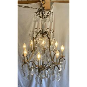 Grand lustre cage à 9 feux en bronze à pampilles de cristal  XIX ème