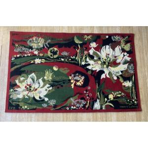 Hervé Lelong Wool Tapestry With Marine "water Flower" Decor, 20th Century