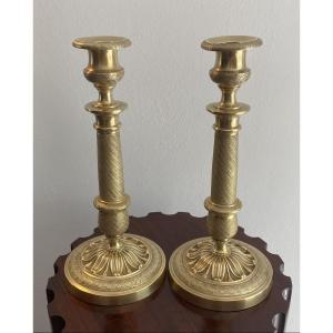 Paire De Bougeoirs En Bronze Charles X  Doré et Ciselés XIX ème