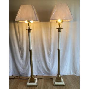 Paire de grands lampadaires en marbre et bronze XX ème