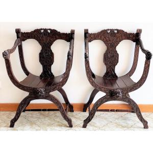  Fauteuils Curules Chinois Sculptées En palissandre  XIX ème