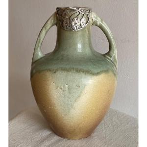 BLACHE  Vase En Grès Jaspé Serti d'Une Monture Florale En Métal  argenté XX ème