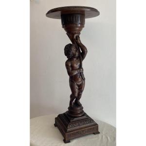 Sellette Or Putti Column In Carved Walnut Wood 19th C