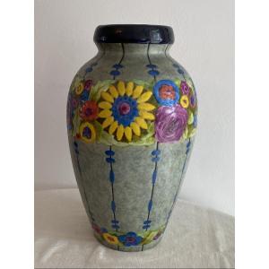 Large Art Deco Enamelled Vase With Flower Design Manufacture Amphora XX ème