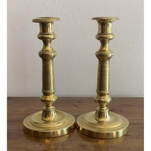 Pair Of Restoration Period 19th C. Chased Bronze Candlesticks