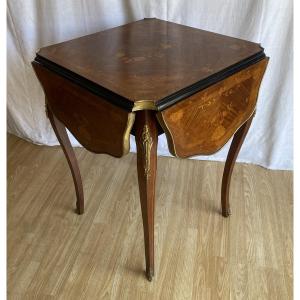 19th-century Rosewood Side Table With Folding Leaves, Decorated With Floral Marquetry And Brass