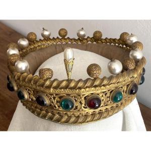 Antique Stage Crown Made Of Gilded Brass And Colorful Glass Beads