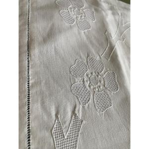 Paire de taies d’oreiller anciennes en lin brodé fin XIX ème– monogramme JMS