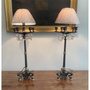 Grande Paire de chandeliers ou candélabres en bronze de style empire XIX ème