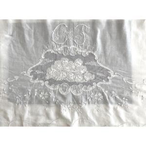 19th-century Linen Bedding Set With Embroidered Angels: Sheet, Pillow, And Bolster