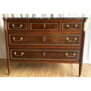 Louis XVI-style Mahogany And Mahogany-veneered Chest Of Drawers With Brass Trim And An 18th-century Marble Top