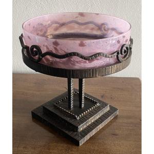 Coupe Ou Centre De Table En Fer Forgé Et Verrerie Art Déco XX ème.