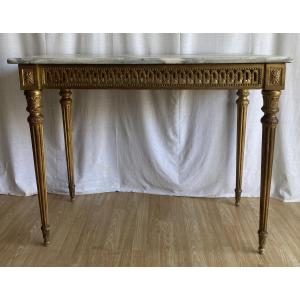 Large Louis XVI Console Table, Carved And Gilded, On Four Legs  18th Century