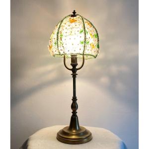 Bronze Table Lamp With Beads And Multicolored Glass Flowers, 20th Century