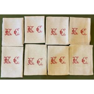 8 Old Monogrammed Ec Napkins In Damask Linen Decorated With Flowers, Table Service