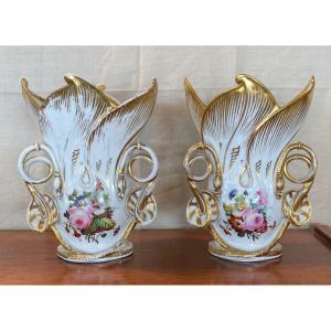 Pair Of Vases In Old Paris Gilded With Gold And Decorated With Flowers XIX