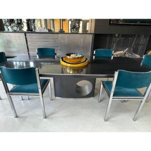 Grande Table En Granit Forme Tonneau - Modèle Oeil Design Willy Rizzo + chaises