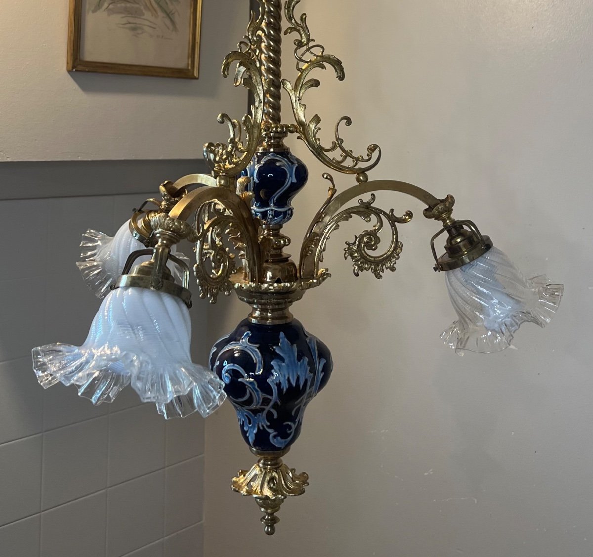 Lustre en barbotine et bronze doré, 3 Lumières-photo-8