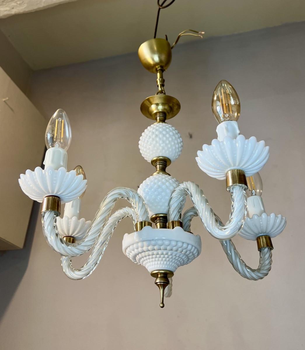 Murano Chandelier, White Opaline Glass -photo-1