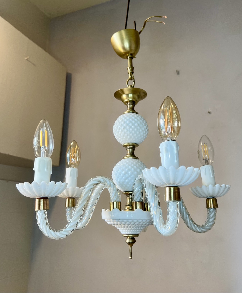 Murano Chandelier, White Opaline Glass 