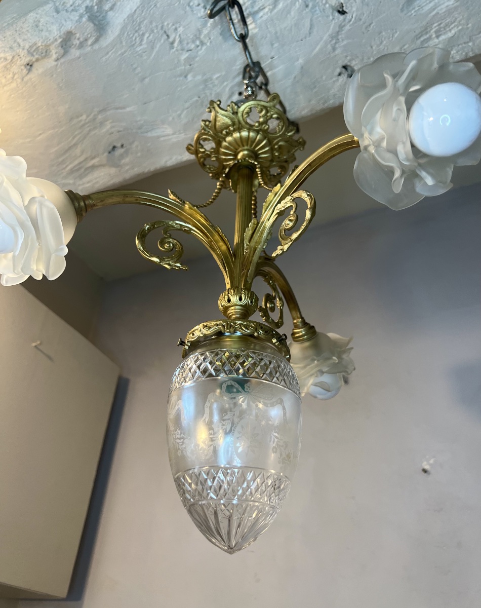Louis XVI-style Bronze Ceiling Chandelier With Pink Tulips -photo-4