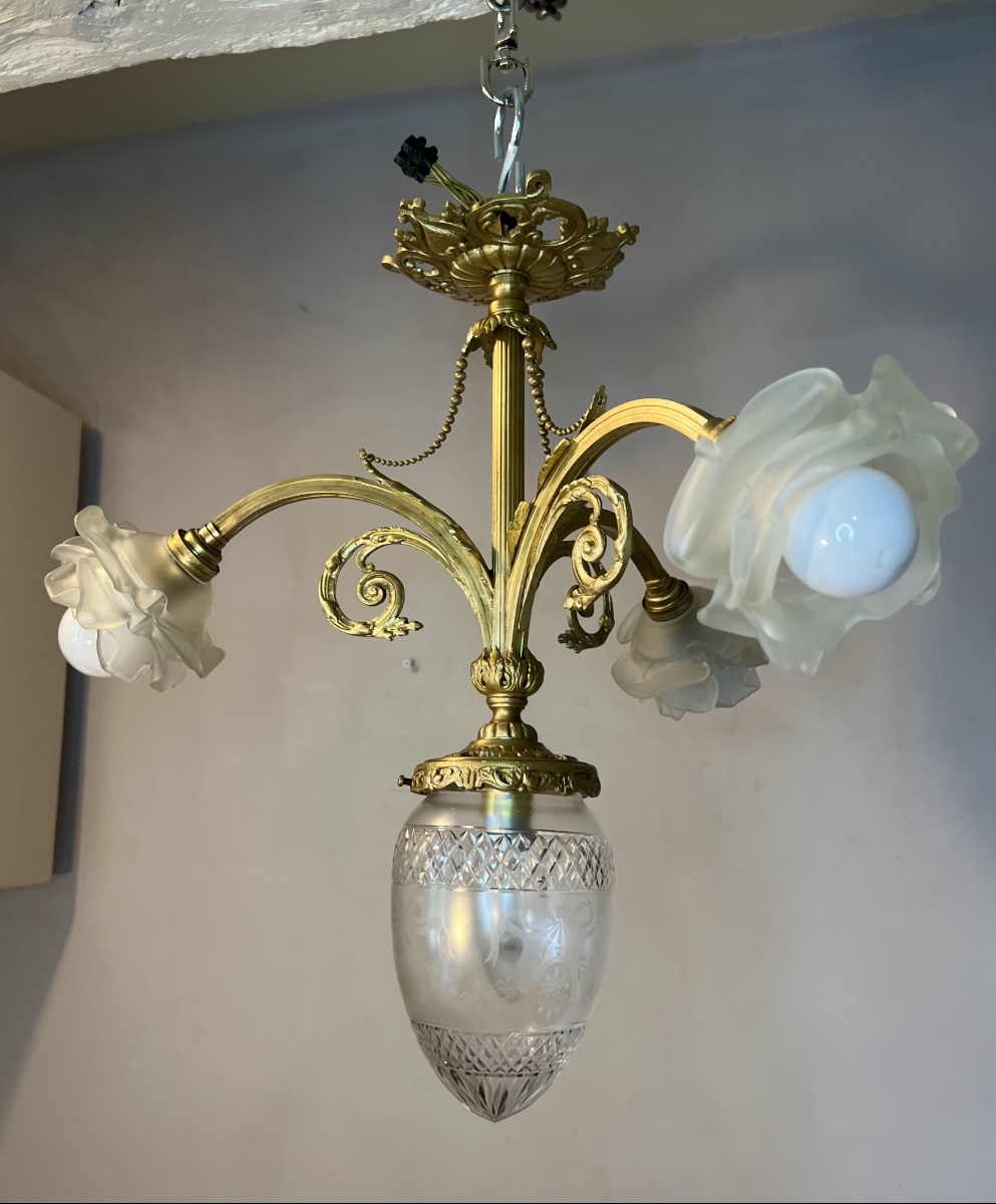 Louis XVI-style Bronze Ceiling Chandelier With Pink Tulips 