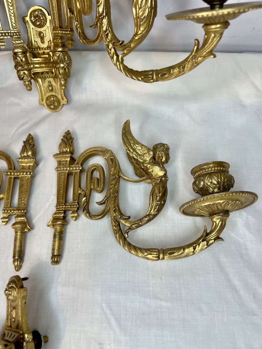 Pair Of Empire-style Piano Sconces, Winged Nymphs -photo-2