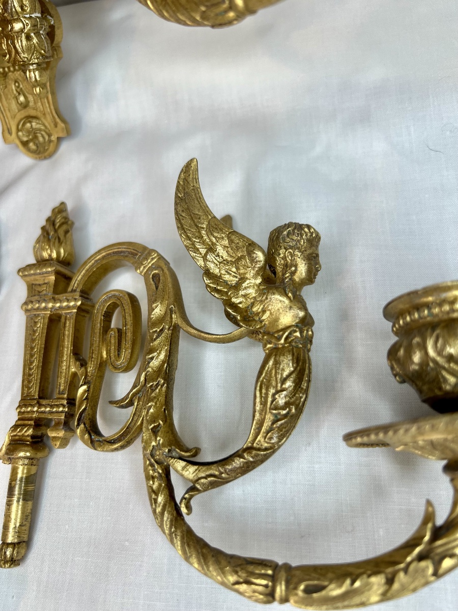 Pair Of Empire-style Piano Sconces, Winged Nymphs -photo-3