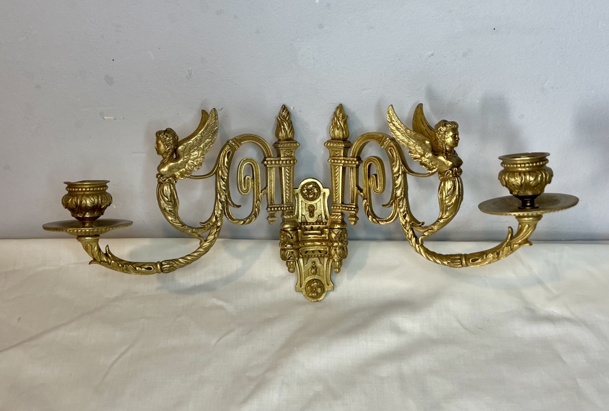Pair Of Empire-style Piano Sconces, Winged Nymphs -photo-4