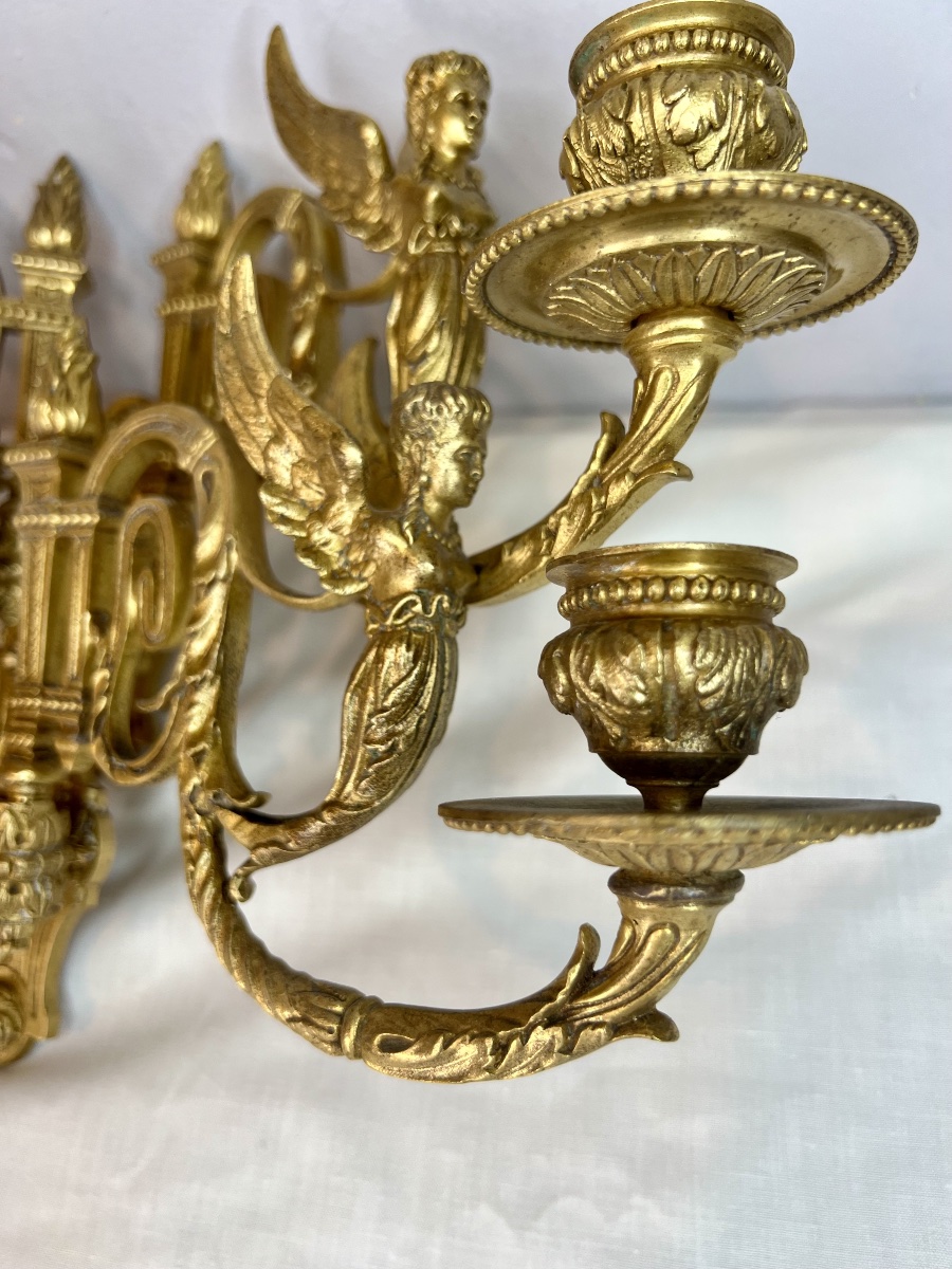 Pair Of Empire-style Piano Sconces, Winged Nymphs -photo-6