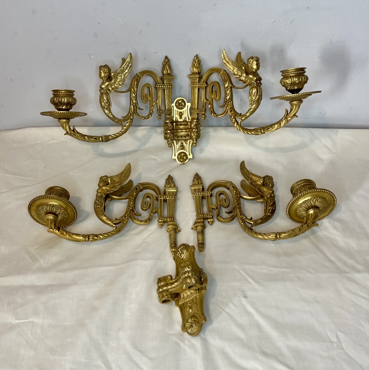 Pair Of Empire-style Piano Sconces, Winged Nymphs 