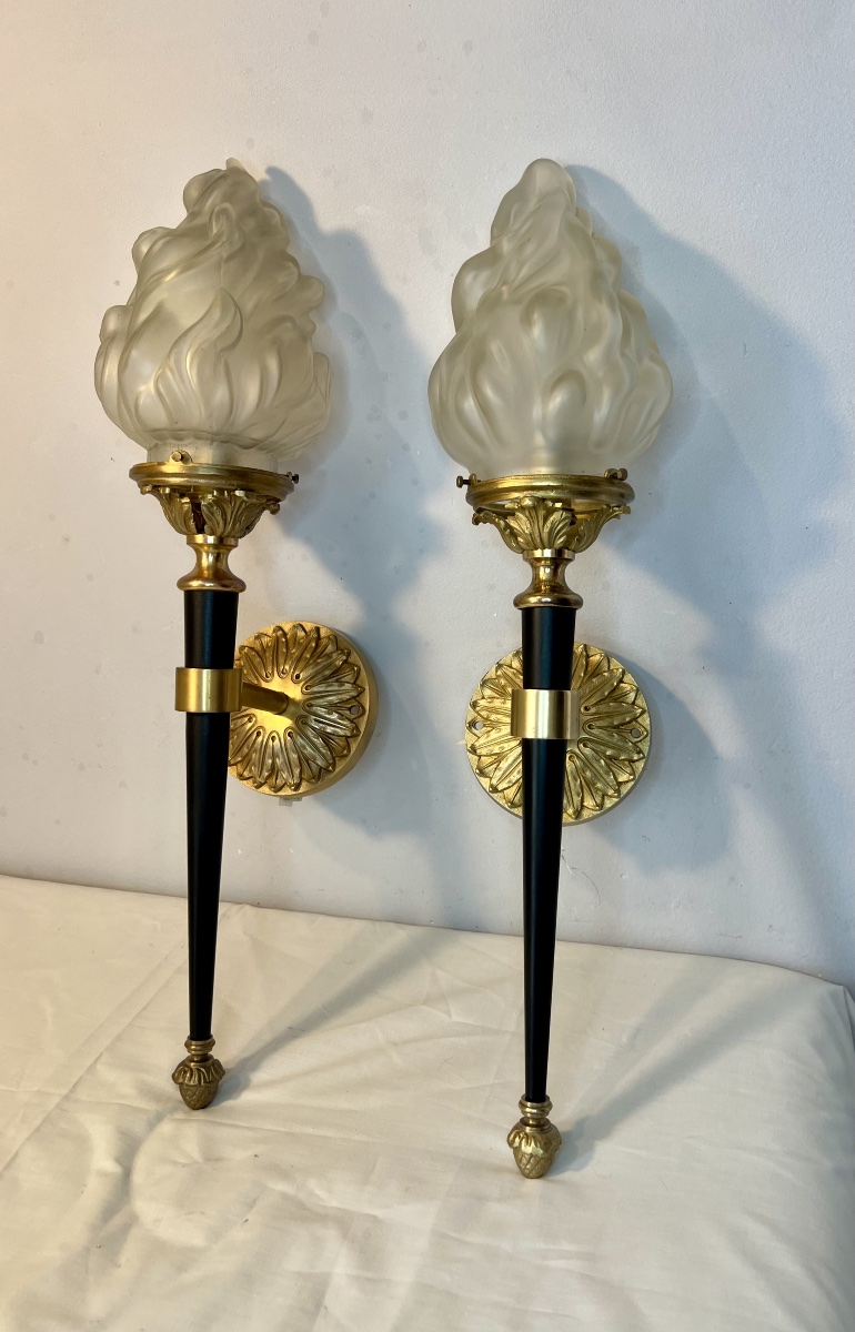 Large Pair Of Jansen-style Wall Sconces In The Shape Of Torches-photo-4