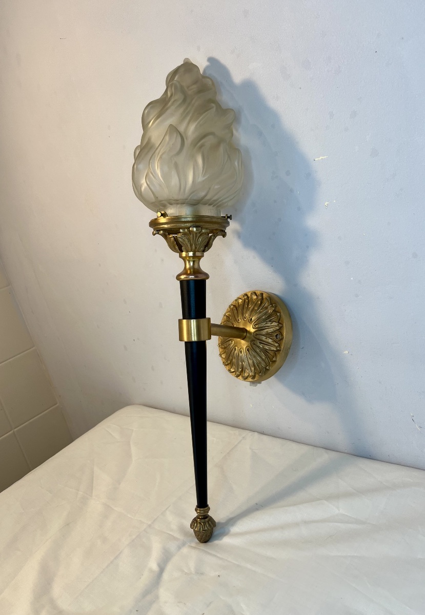 Large Pair Of Jansen-style Wall Sconces In The Shape Of Torches-photo-3