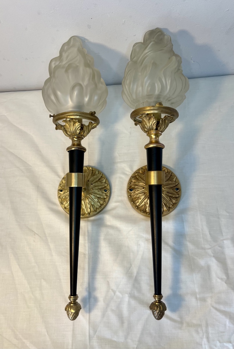 Large Pair Of Jansen-style Wall Sconces In The Shape Of Torches-photo-7