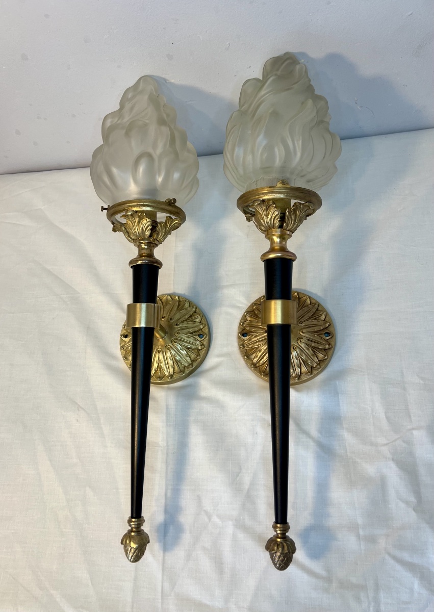 Large Pair Of Jansen-style Wall Sconces In The Shape Of Torches-photo-8