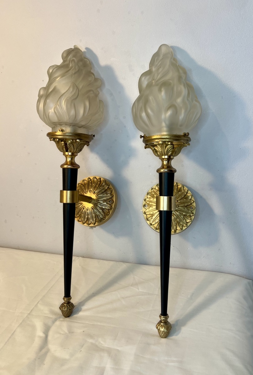 Large Pair Of Jansen-style Wall Sconces In The Shape Of Torches