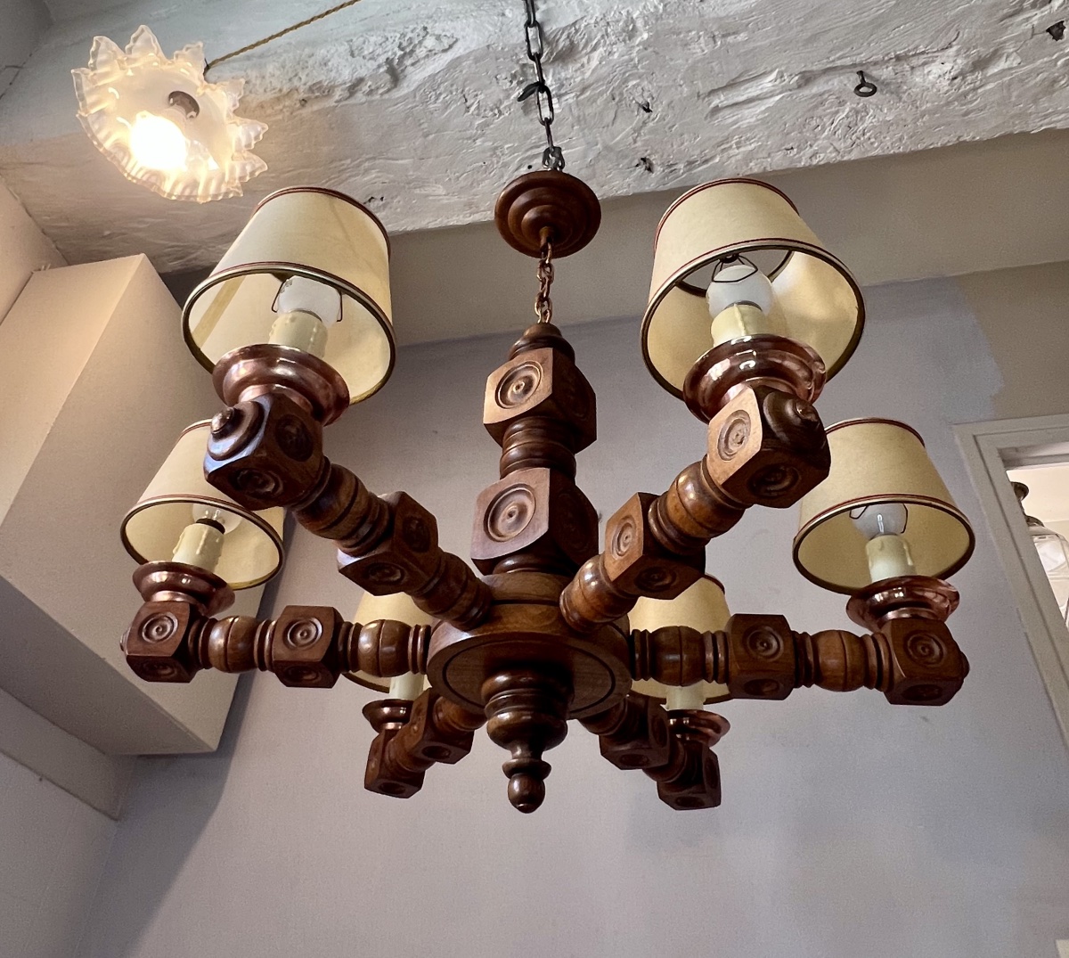 1950s Brittany-style Wooden Chandelier, Restored By Dudouyt