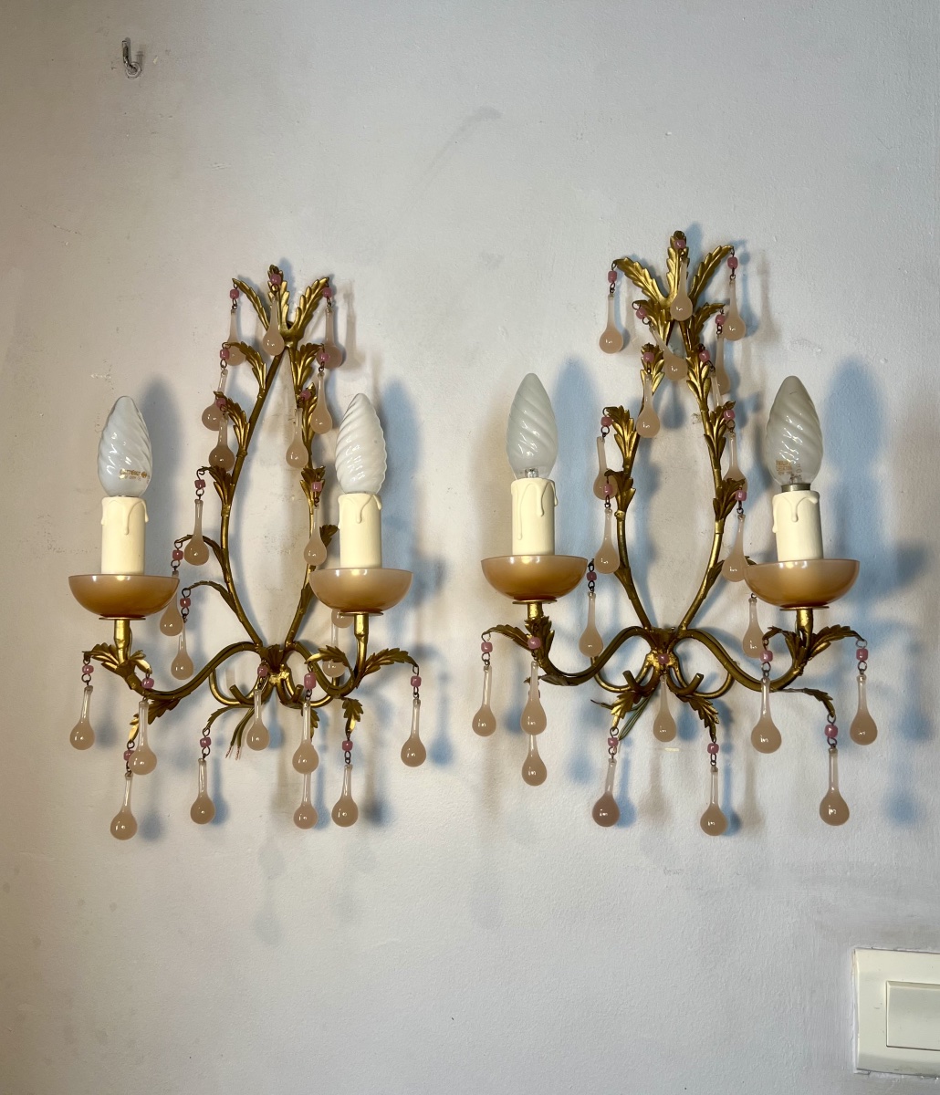 Paire d’appliques Murano opaline rose 
