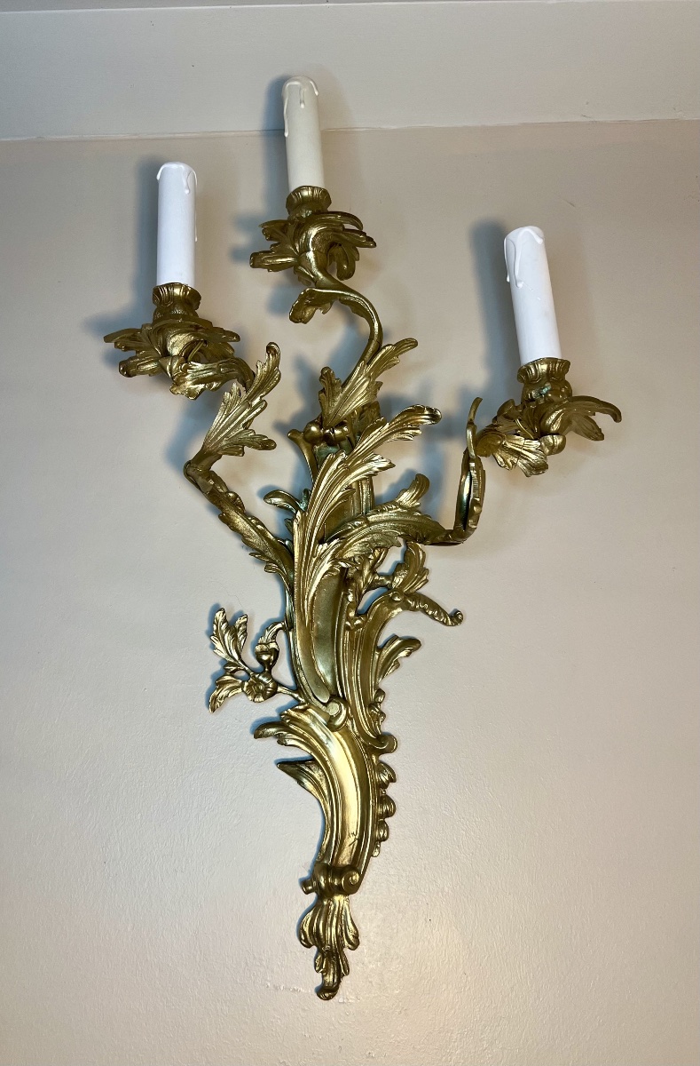 Large Pair Of Louis XV-style Rocaille Wall Sconces With 3 Lights -photo-8