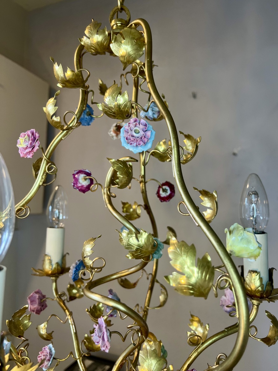 3-light Art Nouveau Chandelier With Porcelain Flowers -photo-2