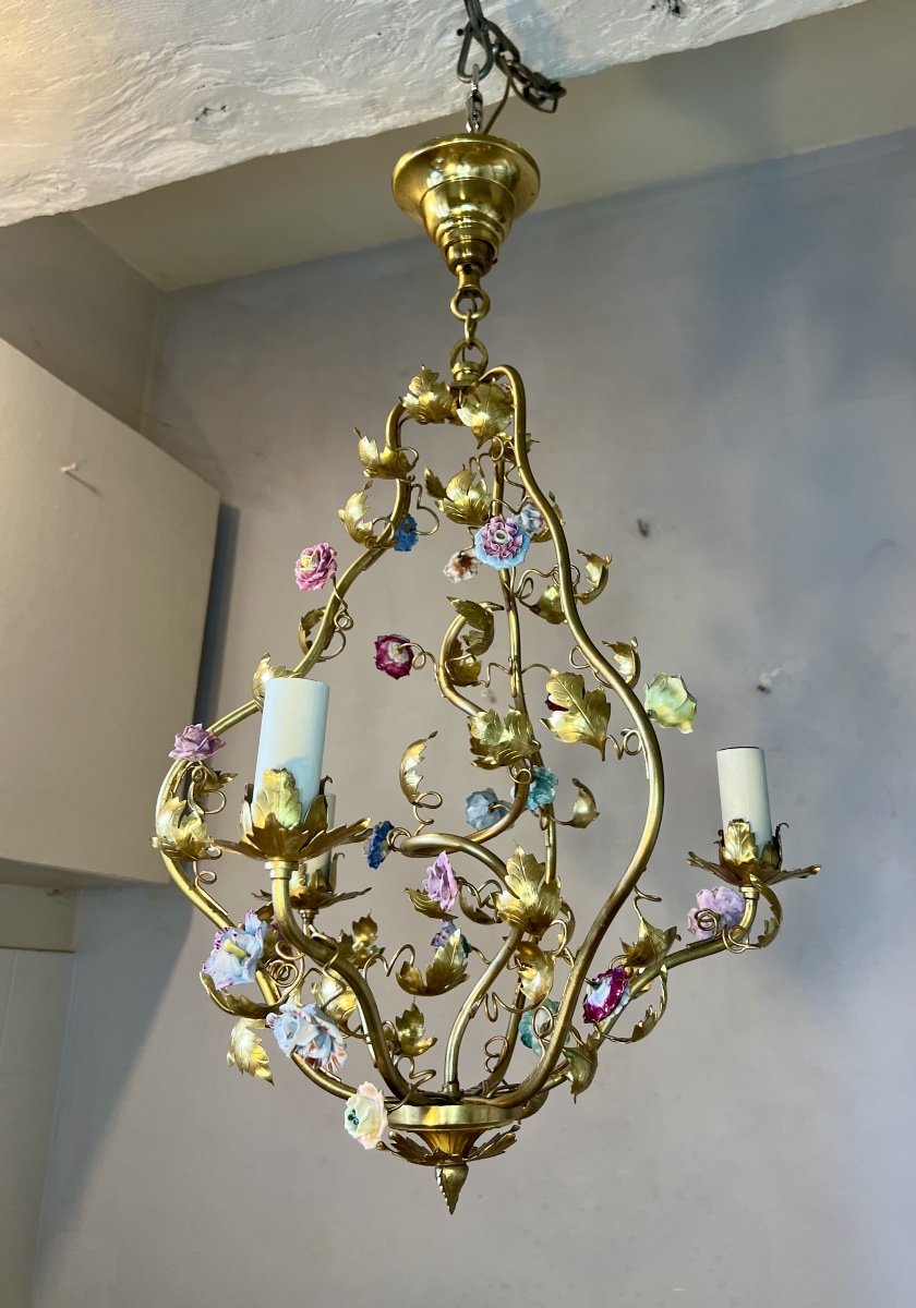 3-light Art Nouveau Chandelier With Porcelain Flowers -photo-4